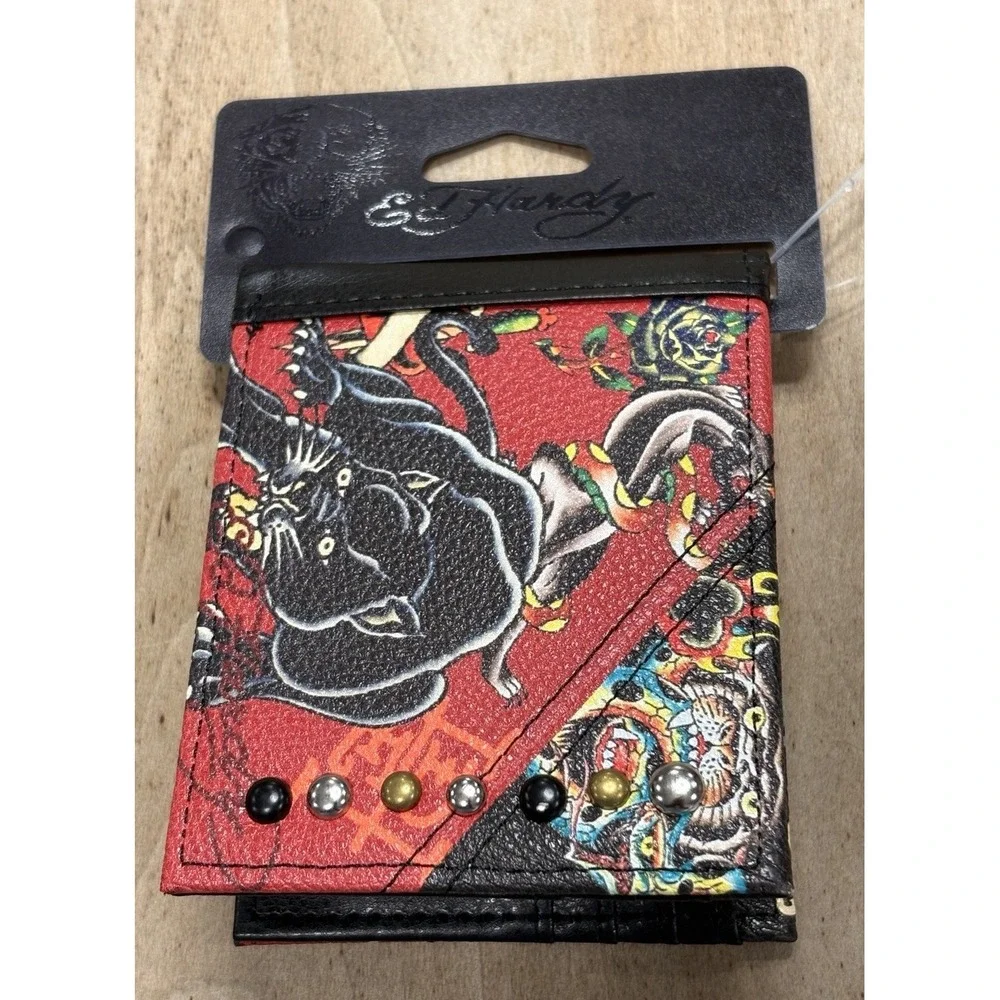 New Ed Hardy Men's Bifold Wallet Red Faux Leather Panther Dragon Heart Tattoo